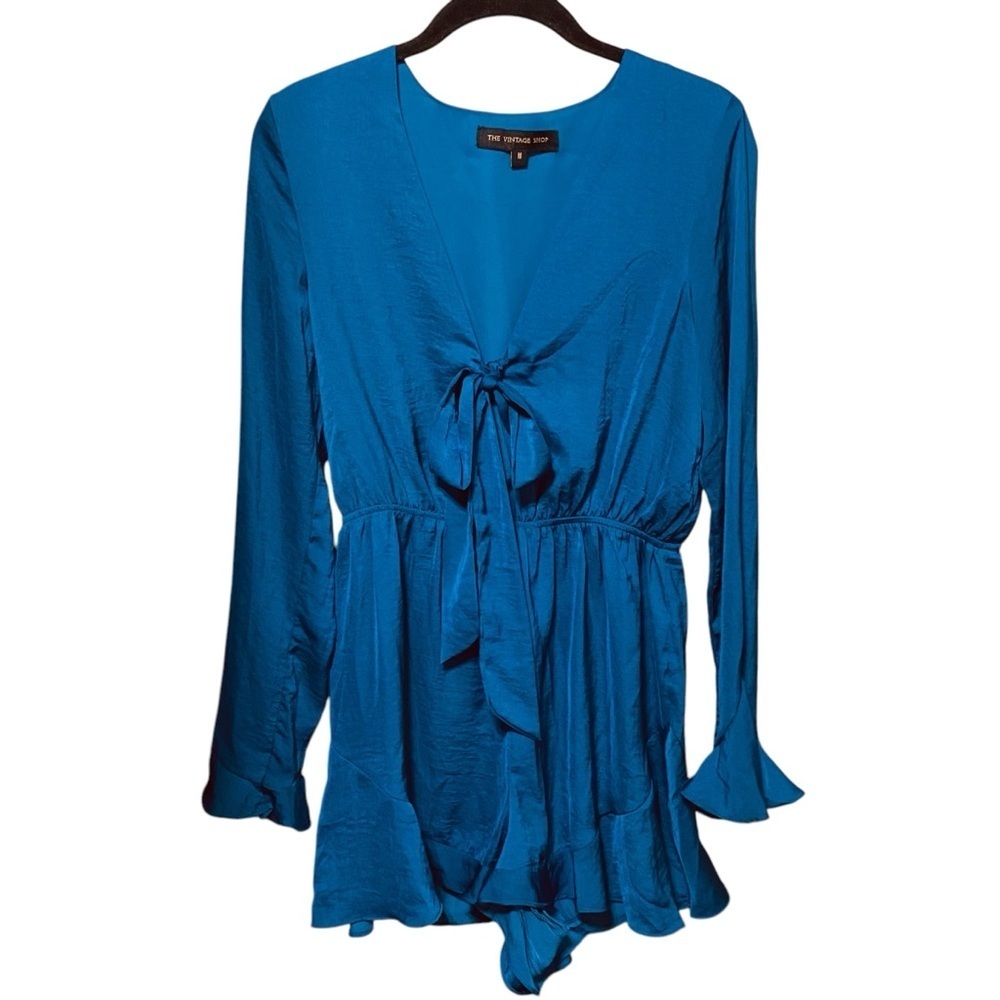The Vintage Shop Blue Silky Tie Front Bell Sleeve Romper Medium - Picture 2 of 7